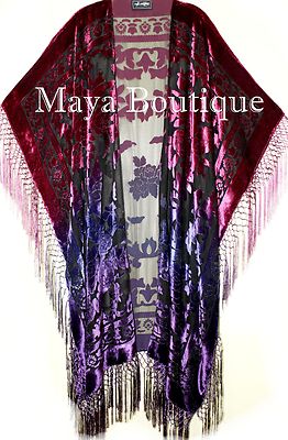 Pre-owned Maya Matazaro Violet Magenta Wearable Art Kimono Caftan Fringe Jacket Burnout Velvet Hand Dyed In Violet Magenta Ombre