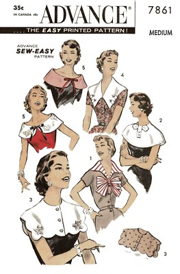 COLLARS Scallop Wing Shoulder Scoop Tab SML Advance 7861 Vtg 50's Sewing Pattern