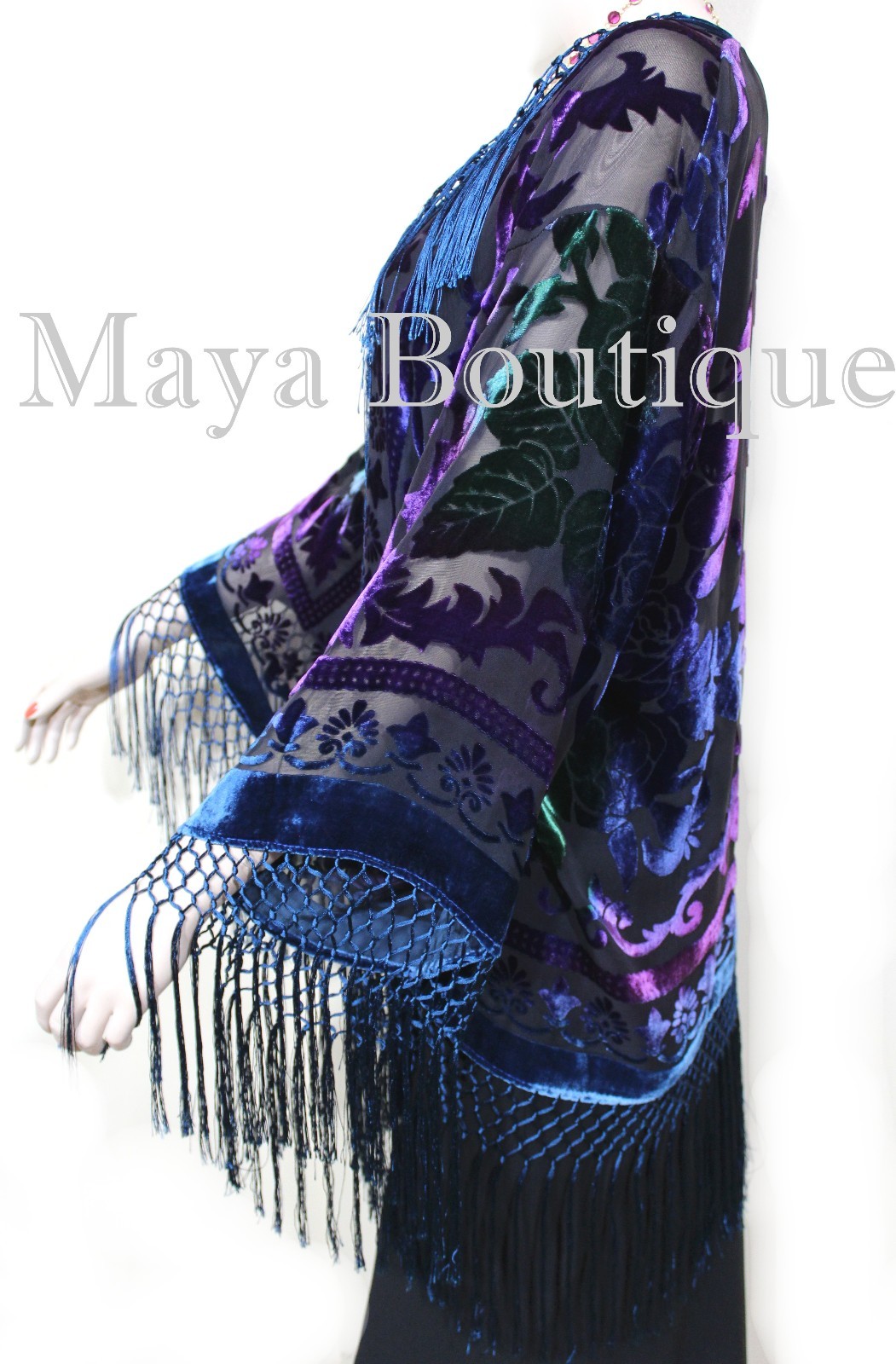 Pre-owned Maya Matazaro Tye Dye Teal Multi Short Fringe Jacket Kimono Burnout Velvet