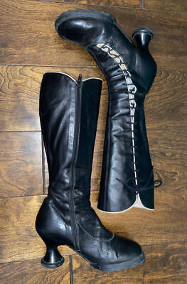 John Fluevog Corset Sugar Boots BLACK Knee High Sculpted High Heel Shoes Sz 8.5