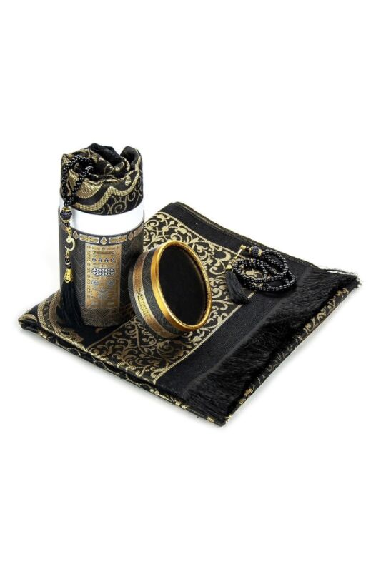Muslim Prayer Rug and Prayer Beads with Elegant Kaaba Design Cylinder Gift Box