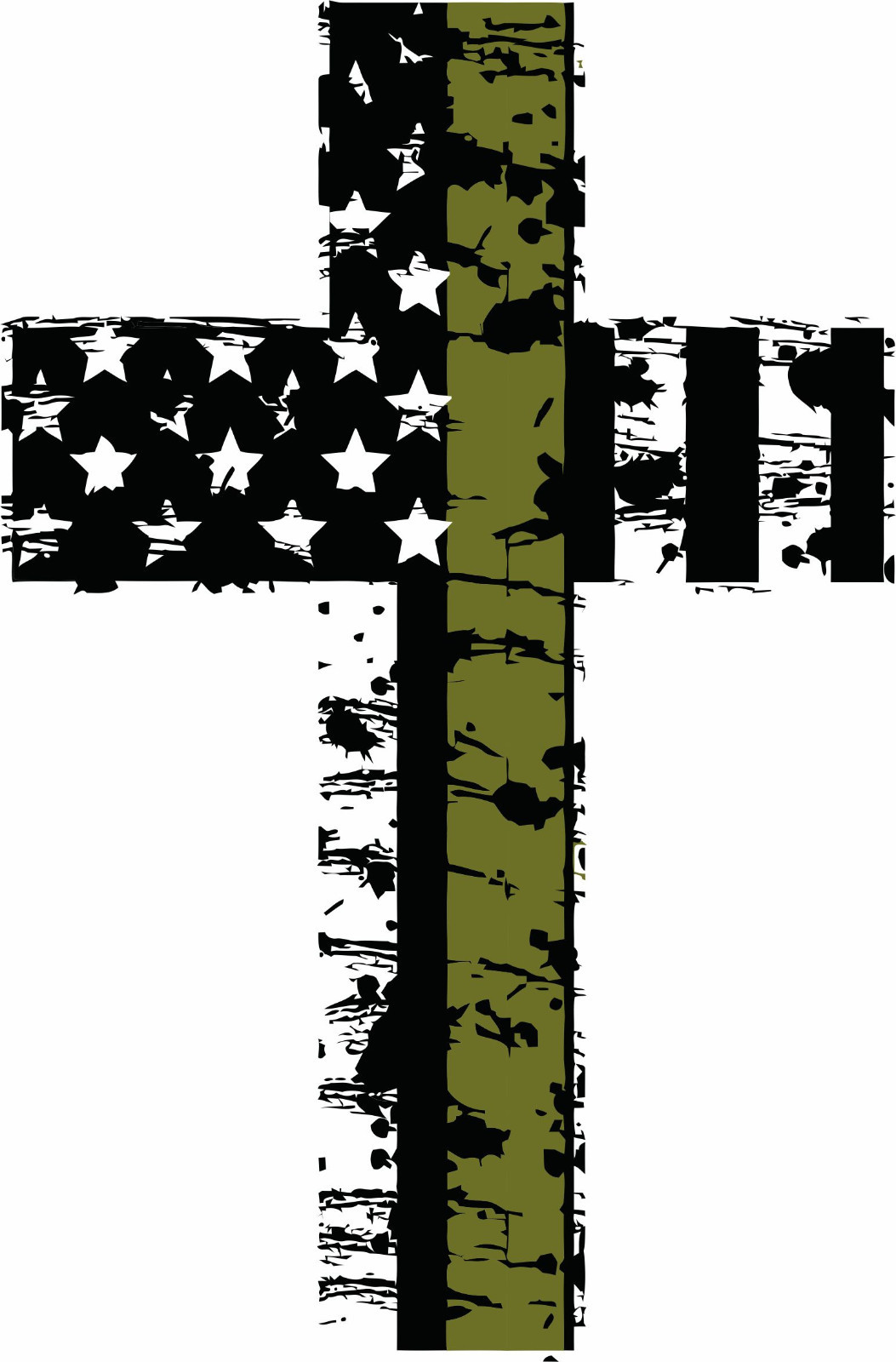 Thin Olive Drab Distressed Americian Flag Military Cross Window Decal