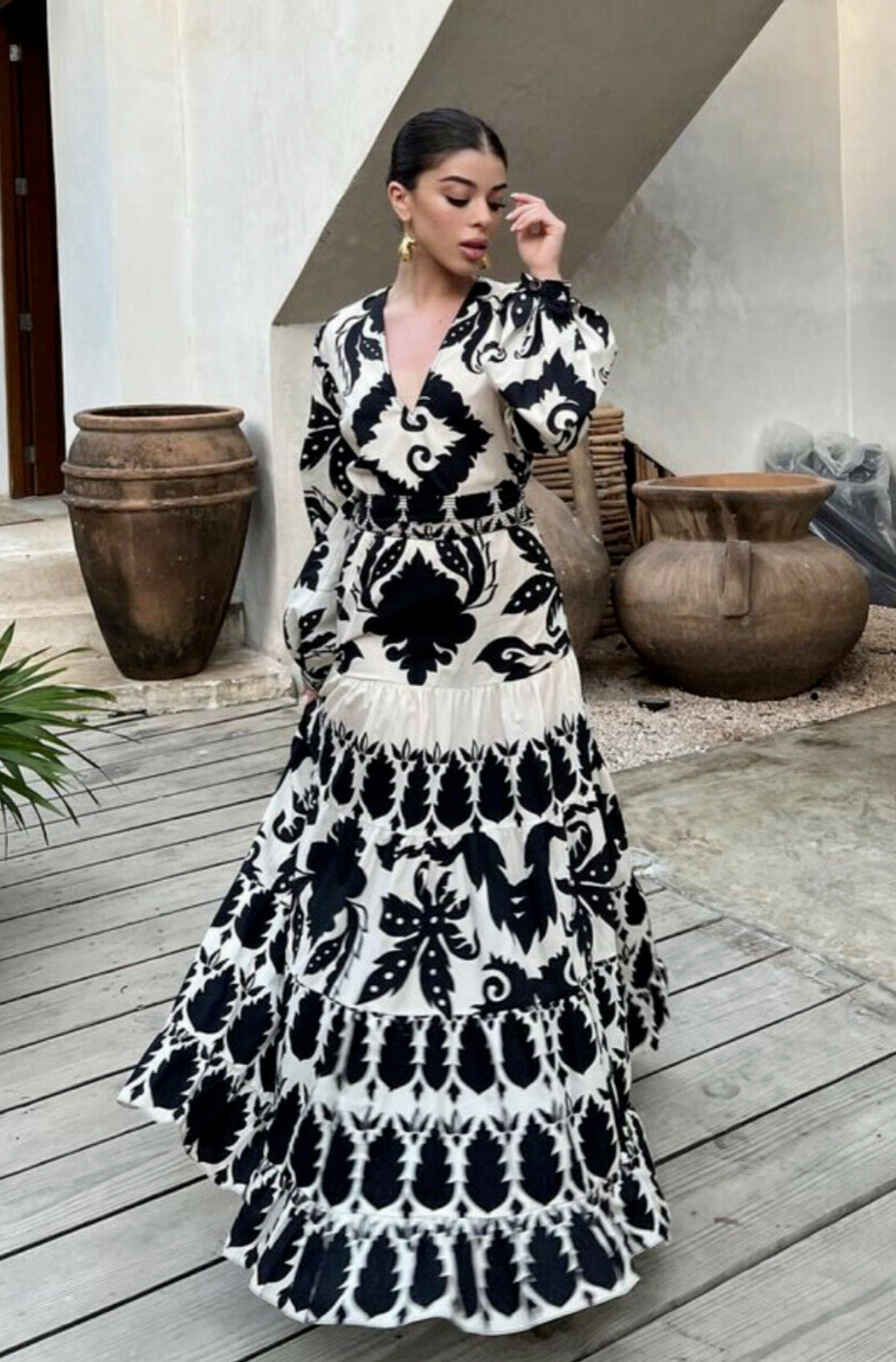 ZARA BLACK ECRU WHITE PRINTED LONG SLEEVE MIDI MAXI KAFTAN