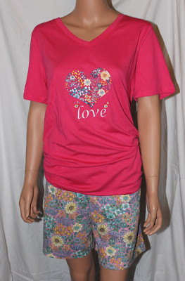 COZEE CORNER WOMENS LG 2 PC PAJAMA SET SHORT SLEEVE BRIGHT PINK LOVE HEART FLORA