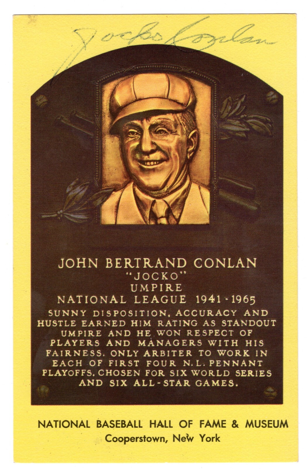 Jocko Conlan Autograph (Ink) On A 1974 HOF Plaque - MLB Umpire