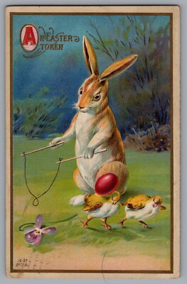 Postcard Easter Rabbit Playing with Egg Chicks An Easter Token A306
