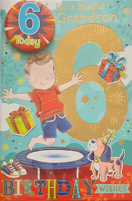 Happy 6th Birthday Card Special Grandson With Badge Boy Trampoline Dog Gifts