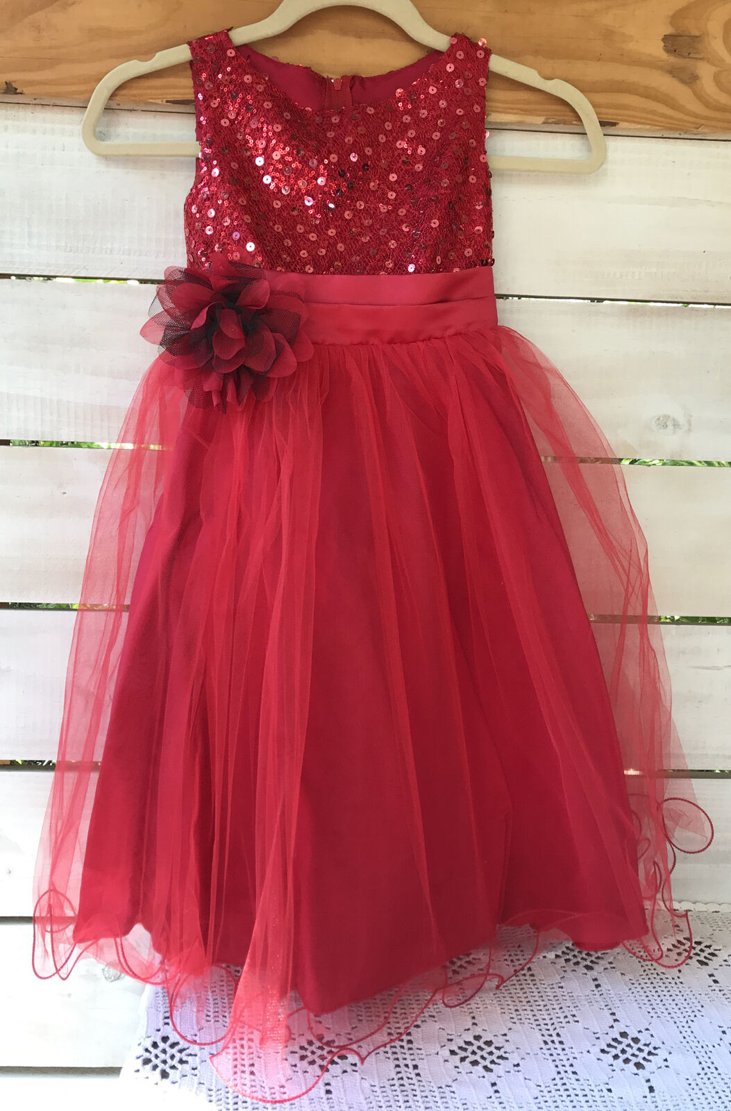  Kid's Dream Girl Sz 7-8 Dress Red Sequins Sparkle Tulle Flora...