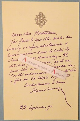 ● L.A.S 1891 M. BOCAGE à Georges HARTMANN éditeur de musique - de COURCY lettre