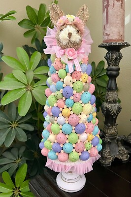 HANDMADE PASTEL SPECKLED EASTER EGGS SATIN ROSES TOPIARY EASTER BUNNY TREE