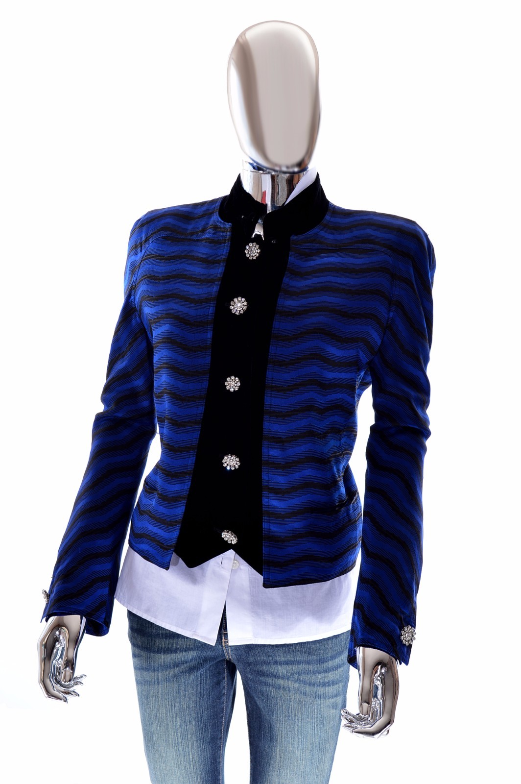 Valentino Black & Blue Italian Silk Jacquard Rhinestone