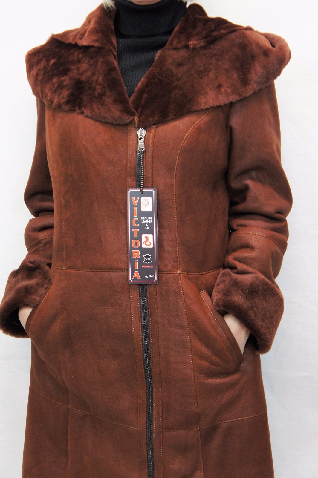Pre-owned Victoria Real 100% Genuine Sheepskin Shearling Leather Long Whiskey Coat Hood Xs-6xl In Brown