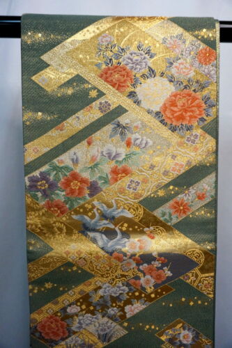 Japanese Kimono SILK Fukuro OBI, Rokutu , 100% Gold leaf, Cranes,L169"..2353
