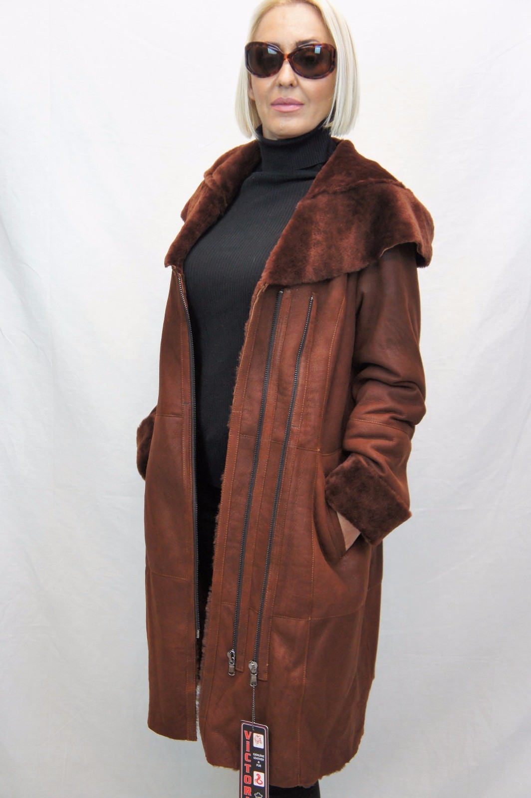 Pre-owned Victoria Real 100% Genuine Sheepskin Shearling Leather Long Whiskey Coat Hood Xs-6xl In Brown