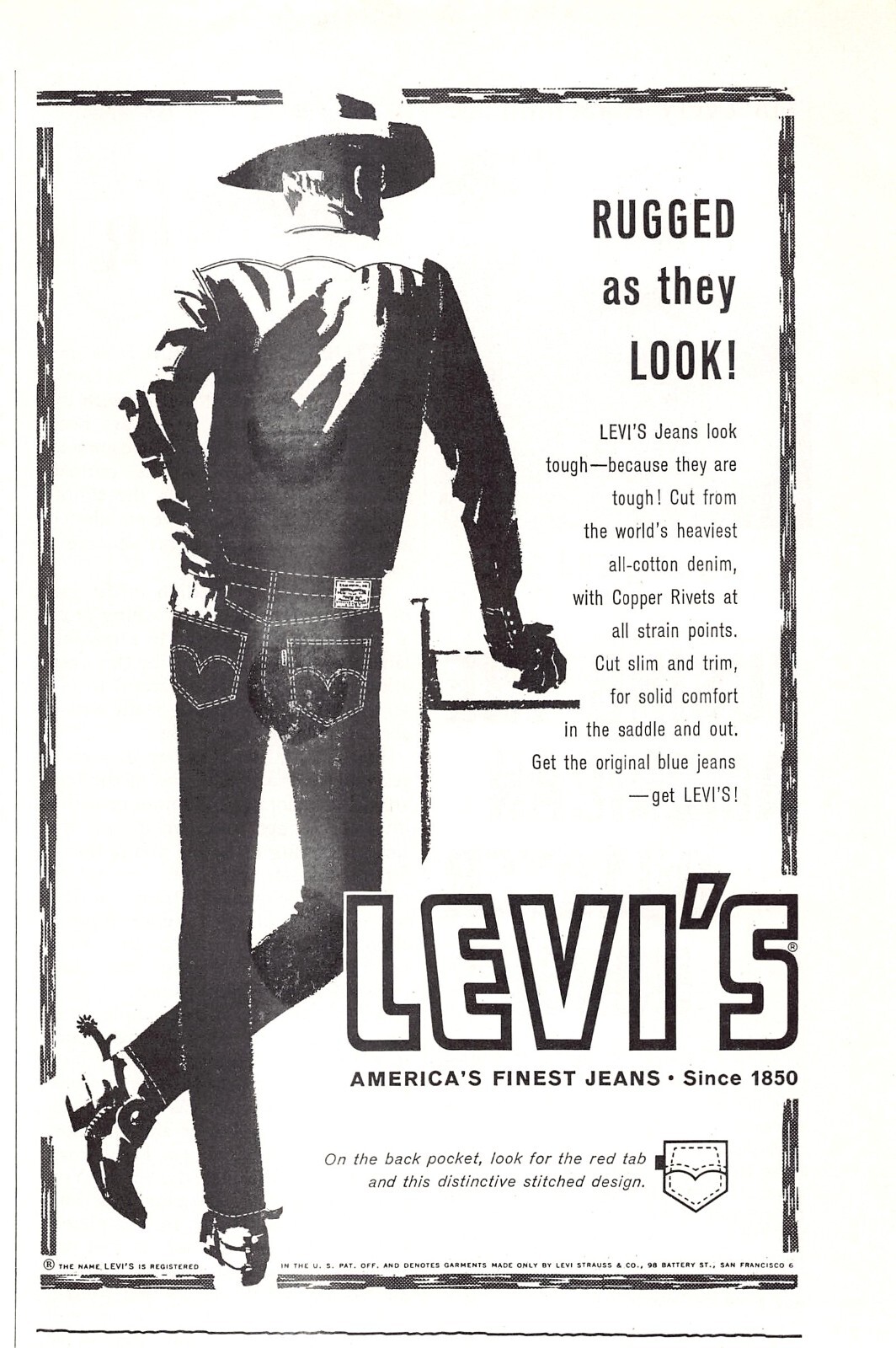 Levi's ポスター LEVI STRAUSS AD MID CENTURY LEVI'S COWBOY DENIM AD 1963