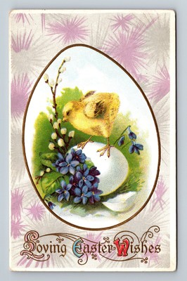 Baby Chick Easter Egg Purple Flowers Gold Loving Easter Wishes Postcard