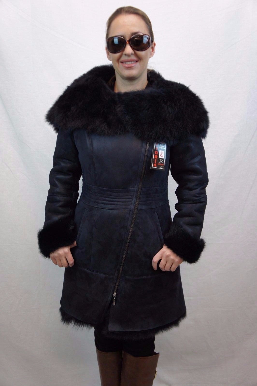 Pre-owned Victoria Navy Real Toscana Sheepskin Shearling Leather Lambskin Coat Jacket Hood Xs-6xl In Blue
