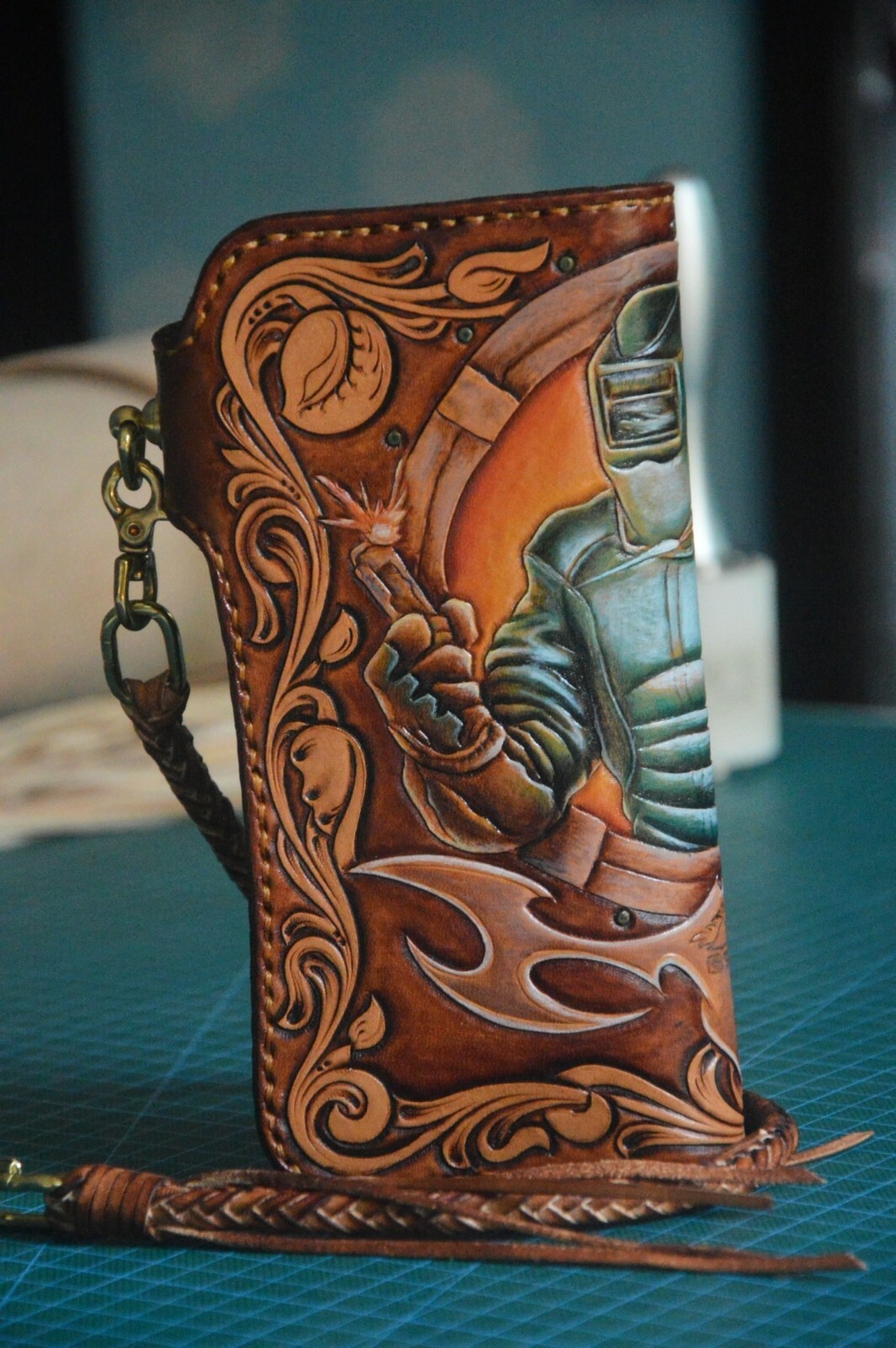 Pre-owned Handmade Custom Leather Biker Wallet Chain Robot Carved Wallet Personalized Gift X35 In Brown