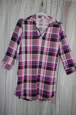 Womens Long Tunic PINK PURPLE BLACK PLAID 3/4 Sleeve CRISS CROSS V-NECK Size S