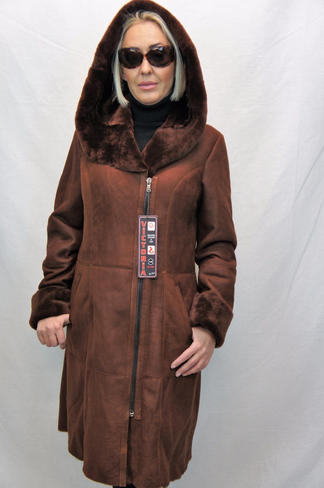 Pre-owned Victoria Real 100% Genuine Sheepskin Shearling Leather Long Whiskey Coat Hood Xs-6xl In Brown