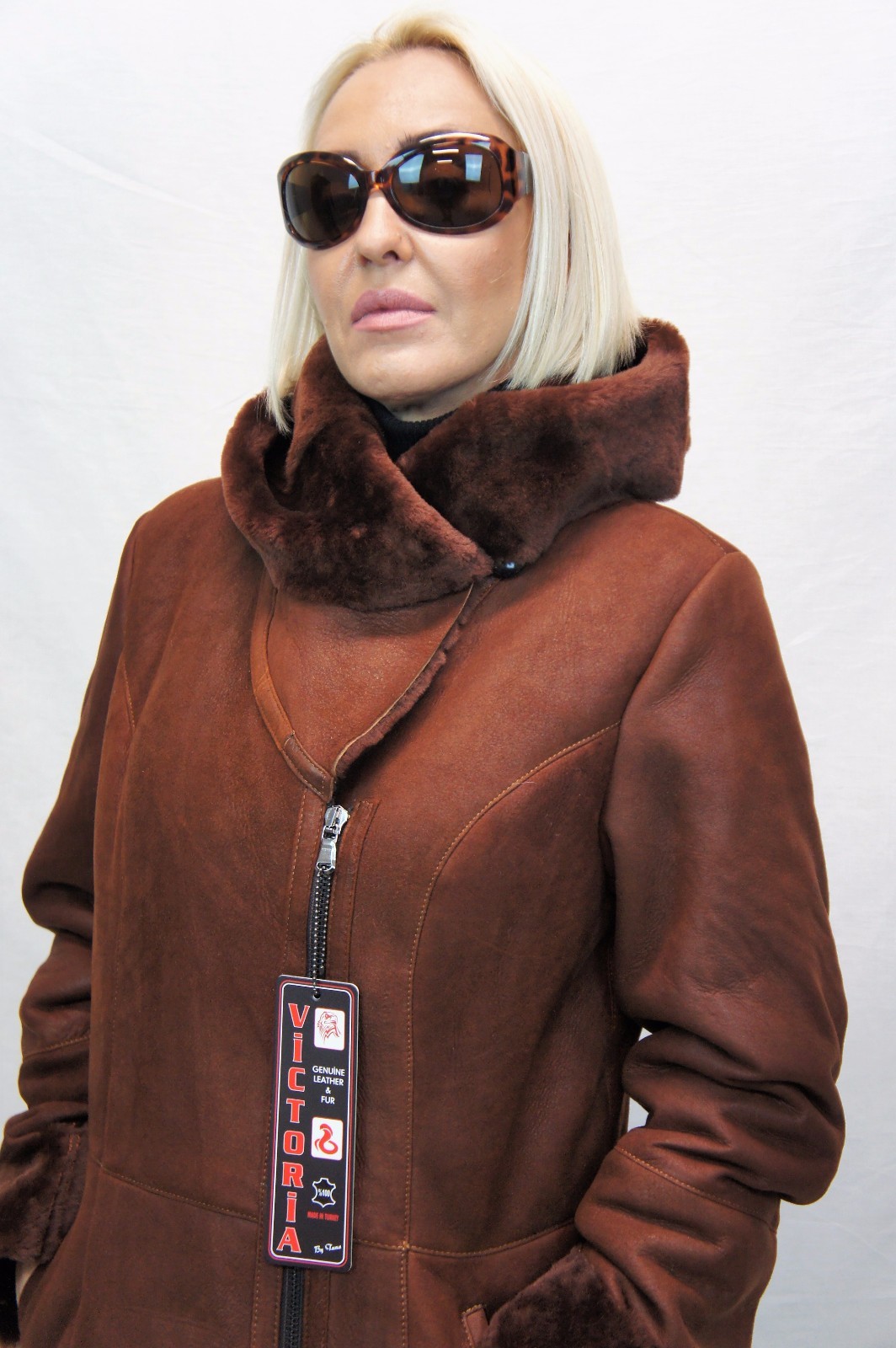 Pre-owned Victoria Real 100% Genuine Sheepskin Shearling Leather Long Whiskey Coat Hood Xs-6xl In Brown
