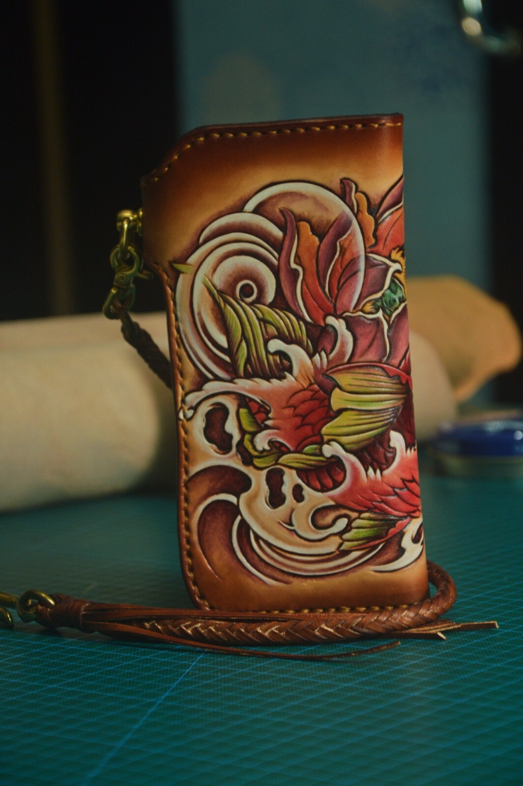 Pre-owned Handmade Custom Leather Biker Wallet Chain Carp Carved Wallet Personalized Gift X36 In Brown