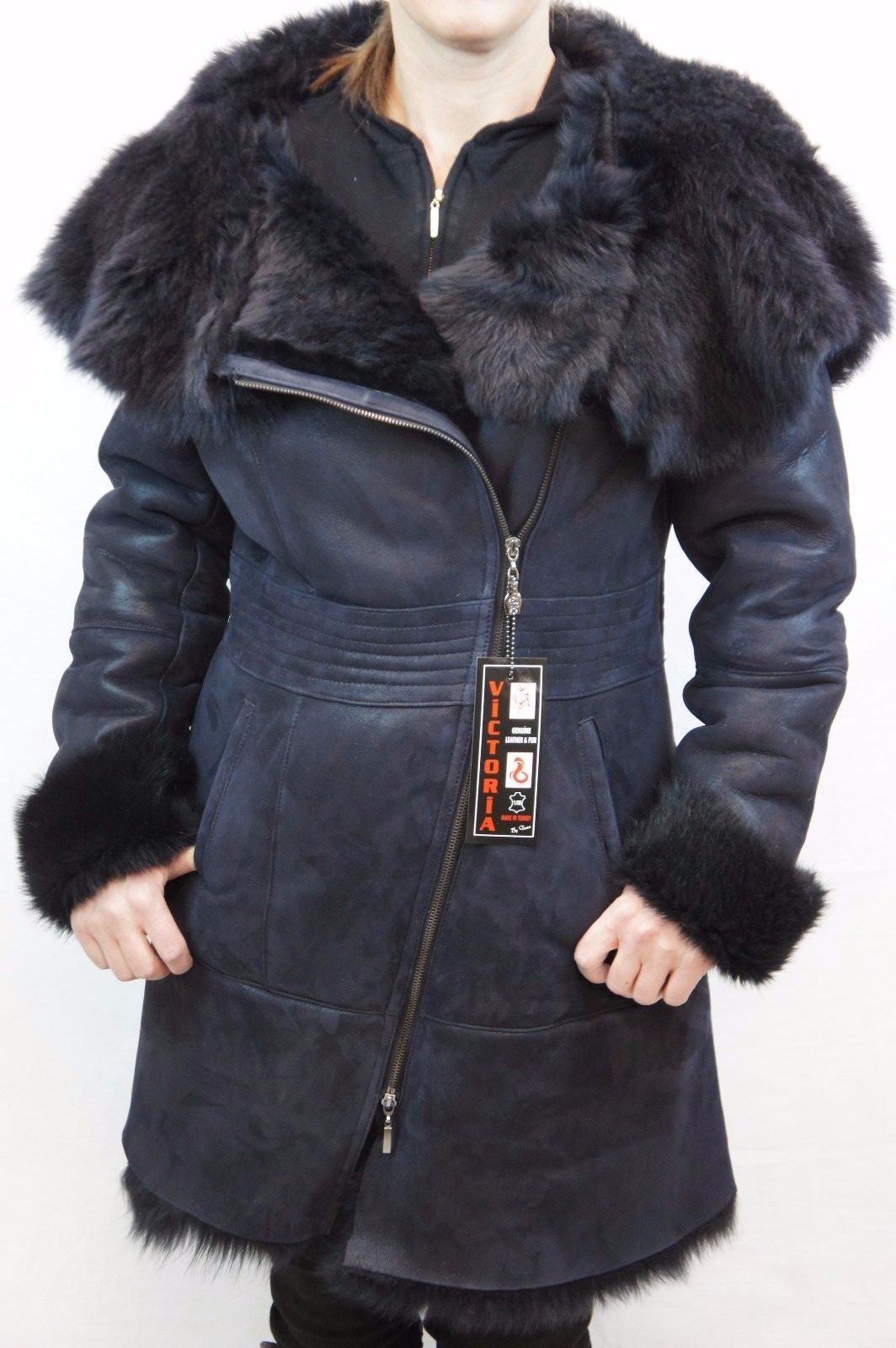 Pre-owned Victoria Navy Real Toscana Sheepskin Shearling Leather Lambskin Coat Jacket Hood Xs-6xl In Blue