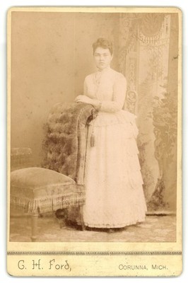 Cabinet Card Circa 1890s G. H. Ford Woman White Victorian Dress Corunna Mich.