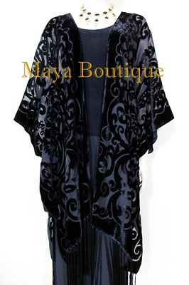 Pre-owned Maya Matazaro Art Nouveau Black Caftan Kimono Duster Burnout Velvet  Made In Usa