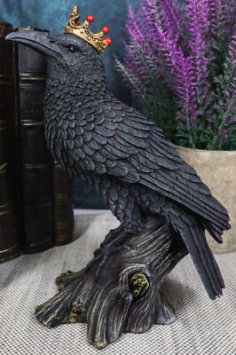 Macabre Gothic Royal Crowned Raven King Perching On Tree Stump Figurine 6.5''H