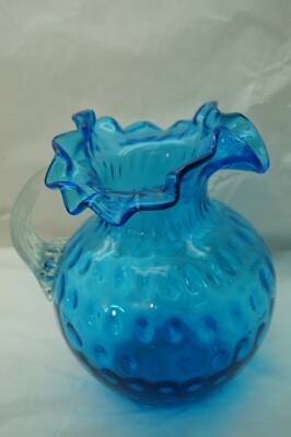 VICTORIAN GLASS PITCHER INVERTED THUMBPRINT BLUE RUFFLED RIM 9in TALL ANTIQUE