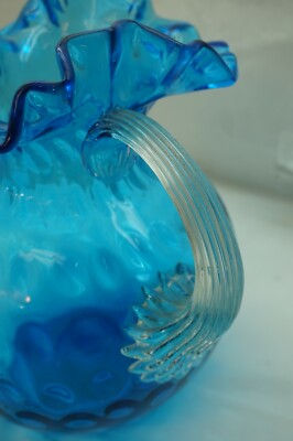 VICTORIAN GLASS PITCHER INVERTED THUMBPRINT BLUE RUFFLED RIM 9in TALL ANTIQUE