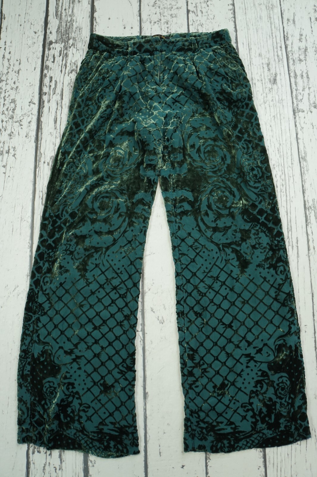 BALMAIN x H&M Green Silk Blend Velvet Burn Out Pants Trousers Size