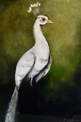 Original Painting. White Peacock Bird Wildlife . Fine Art. Signed K Eggleston