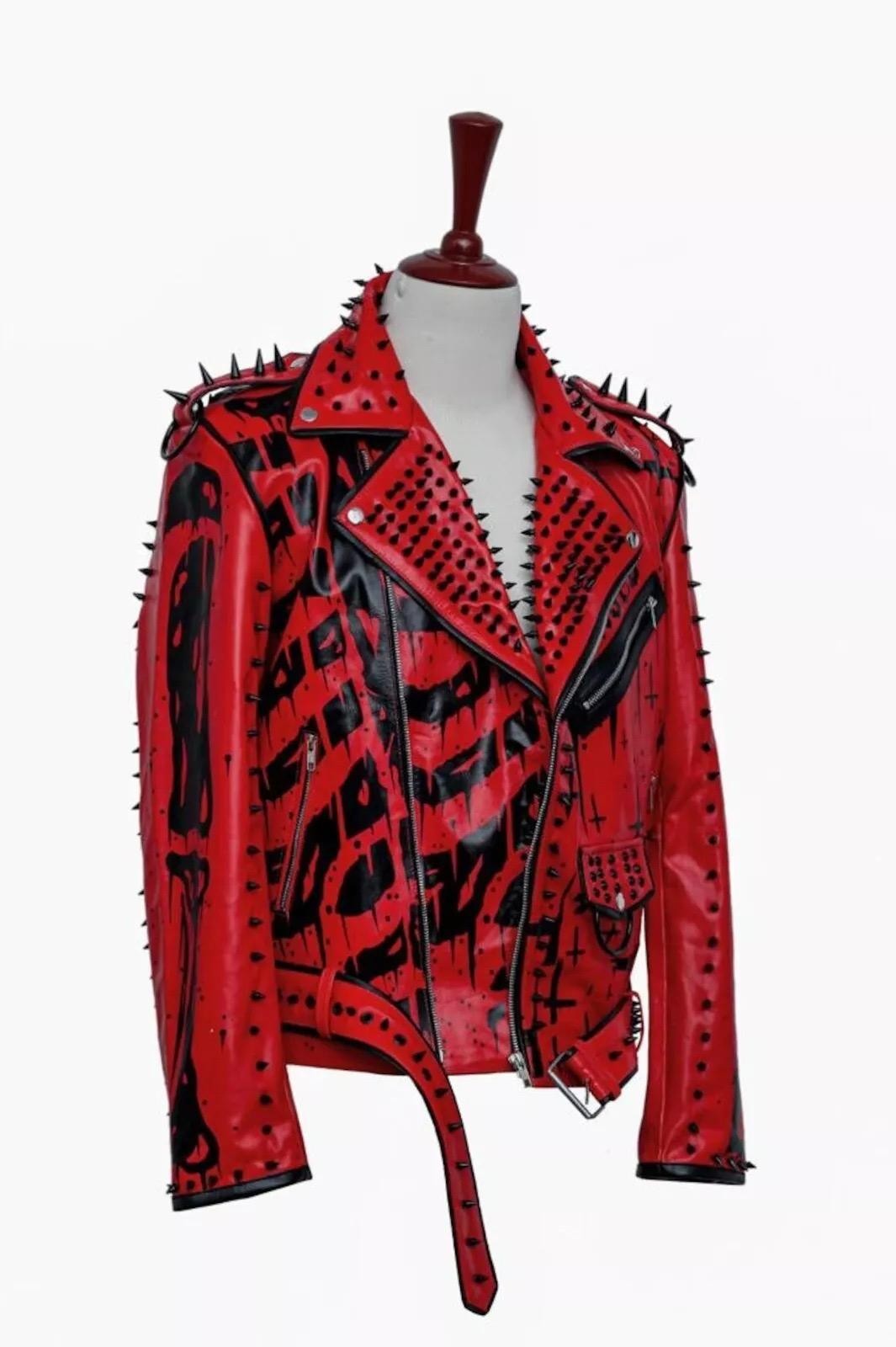 Men's PU Red Leather Punk Jacket With Metal Stud And Spikes