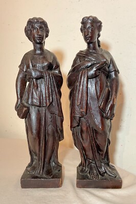 Pair antique 1800's hand carved wood architectural salvage lady sculpture statue