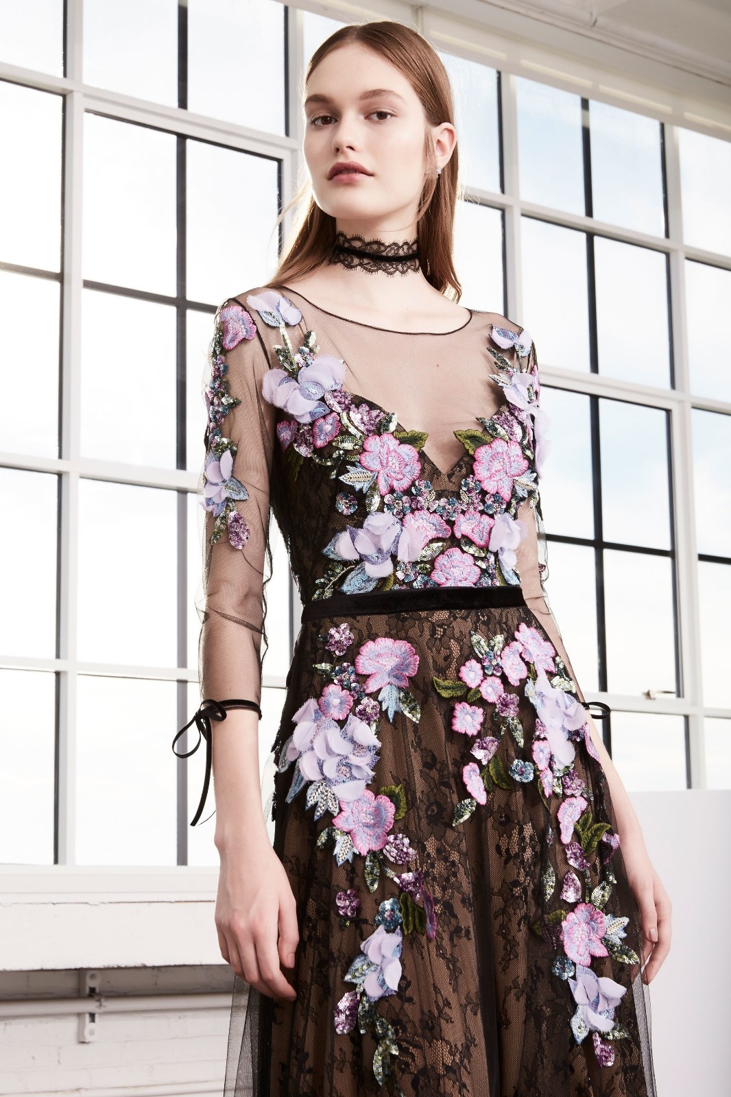 $1195 NEW MARCHESA NOTTE 3D Floral Embroidered Lace Gown