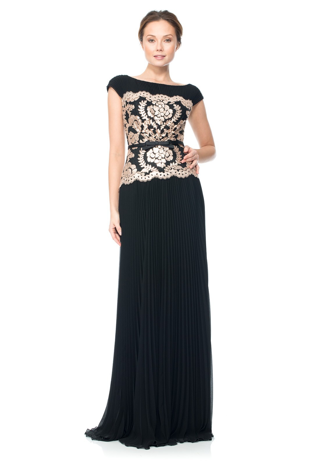 ТАДАШИ СЕДЗИ (TADASHI SHOJI) Черное кружевное тюлевое платье с женьшенем и блестками, плиссированное шифоновое платье с поясом 4 = S