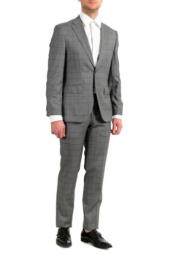 Pre-owned Hugo Boss Men's "johnstons5/lenon1" Regular Fit 100% Wool Plaid Two Button Suit In Gray
