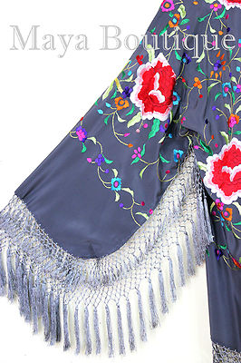 Pre-owned Maya Matazaro Embroidered Silk Fringe Jacket Flamenco Kimono Lilac Grey Short