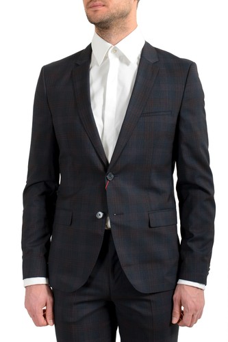 Pre-owned Hugo Boss Men's "arti/hesten182" Extra Slim Plaid 100% Wool Two Button Suit In Blue/red