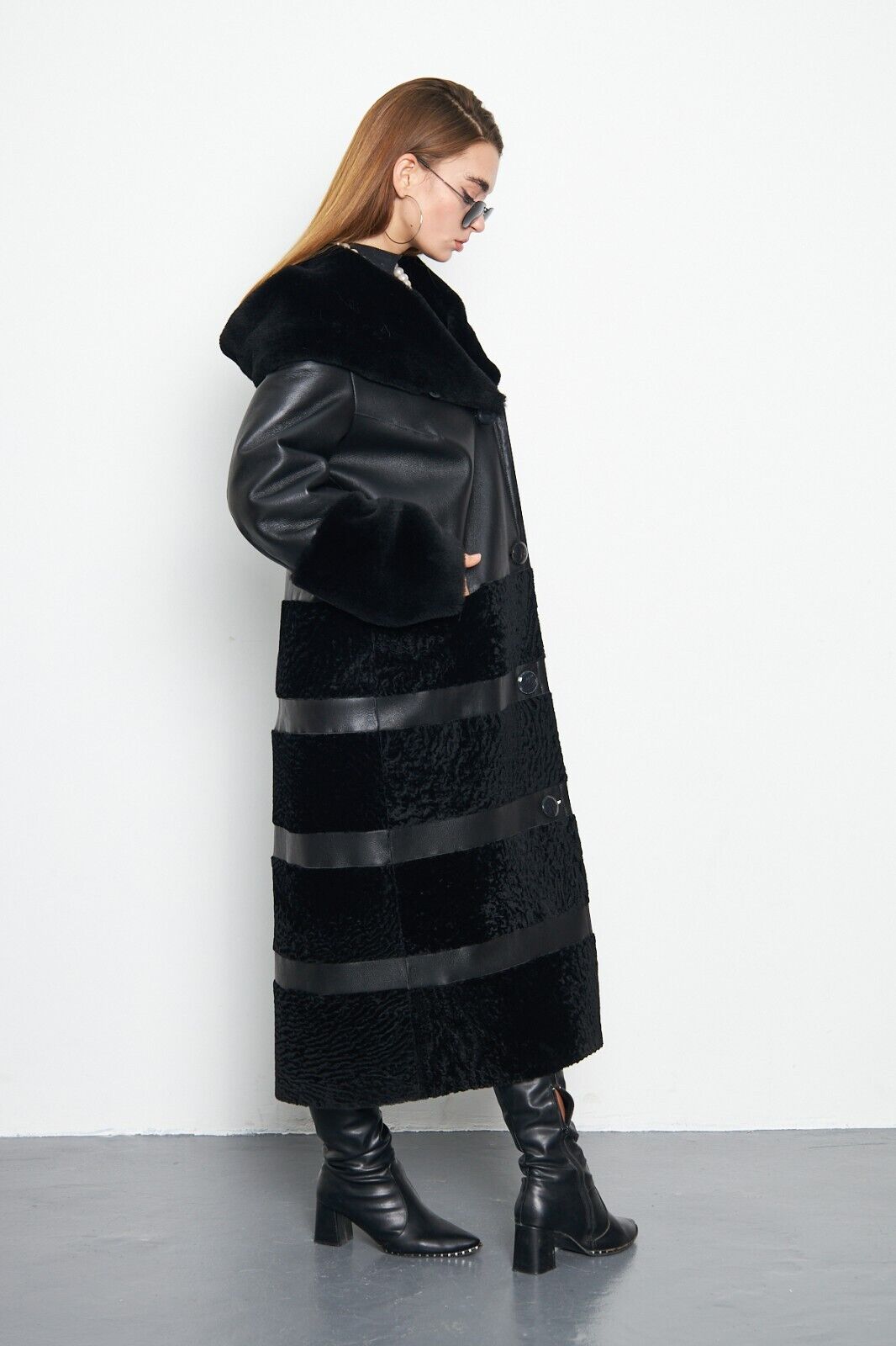 Pre-owned Handmade Astrakhan Fur Genuine Leather Coat Bdchsn01 In Black