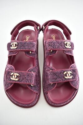Pre-owned Chanel 21a Pink Velvet Denim Cc Logo Mule Slide Strap Flat Teva Dad Sandal 37.5