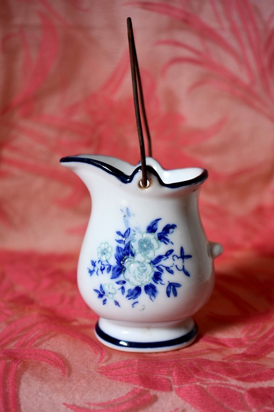 PITCHER Toothpick Holder with embossed textured Flowers Wire Handle