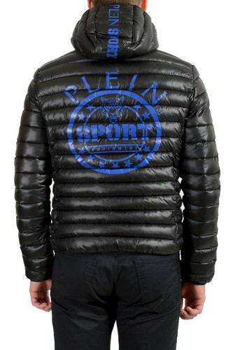 Plein Sport Men's Black Hooded Logo Print Zip Up Parka Jacket