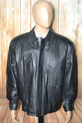 Jos A Bank Men Black Leather Plaid Insulation Snap Button Full Zip Jacket Sz XL