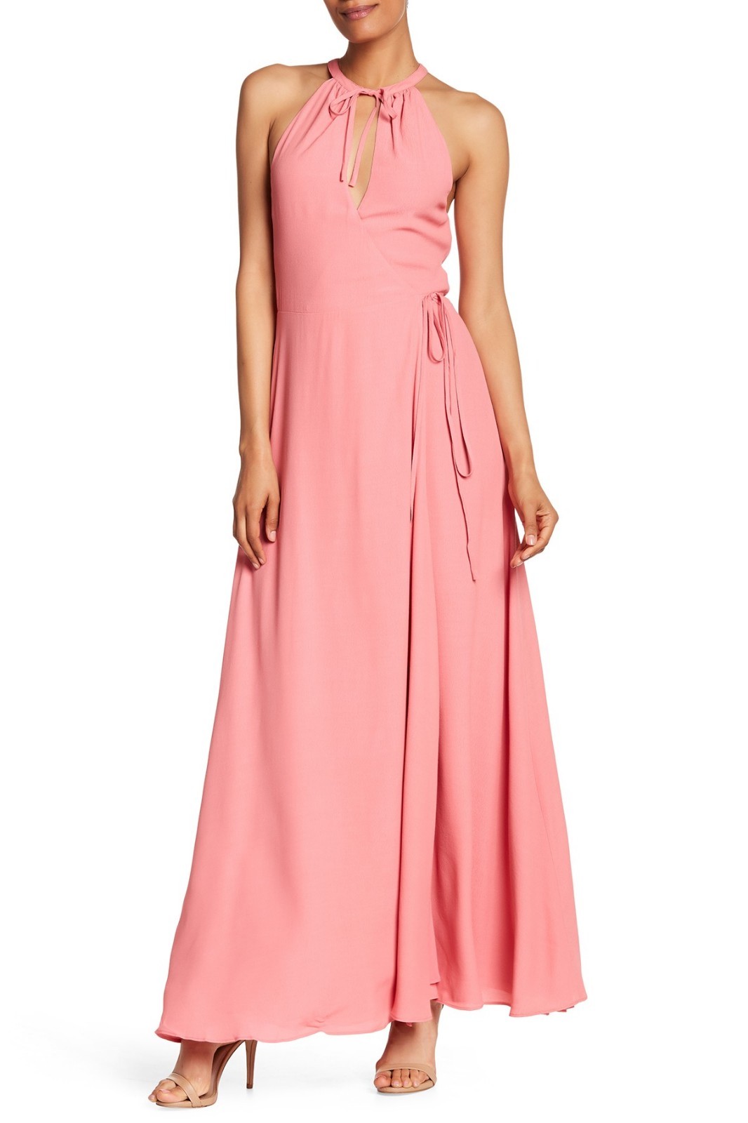 PRIVACY PLEASE Pink True Wrap Halter Tie Neck Hi-Slit Maxi