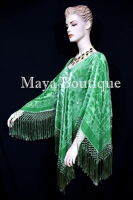 Pre-owned Maya Matazaro Green Silk Burnout Velvet Poncho Fringe Top Shawl Hand Dyed