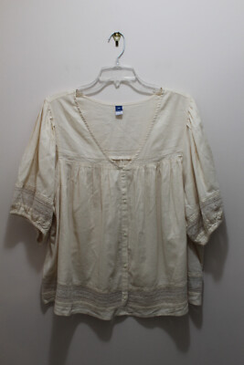 OLD NAVY WOMENS BUTTON-UP BLOUSE SHORT SLEEVE LACE TRIM DETAIL IVORY SIZE L