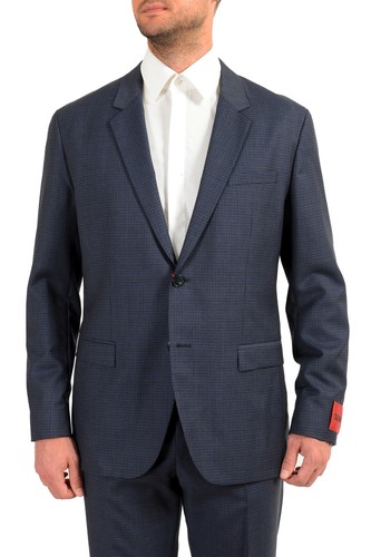 Pre-owned Hugo Boss Men's "urban/fargo 194f1" Regular Fit Plaid 100% Wool Two Button Suit In Blue/black